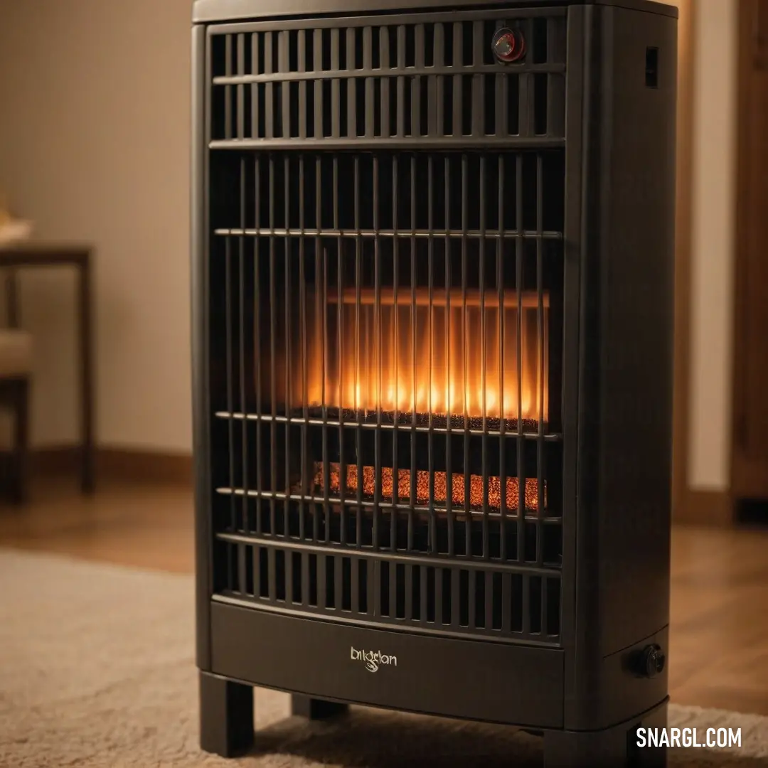 A sleek black heater resting on a warm wooden floor, situated next to a wall-mounted heater that impressively features a flickering flame. The design displays the inviting color tone of #DD5354, harmonizing with the space.