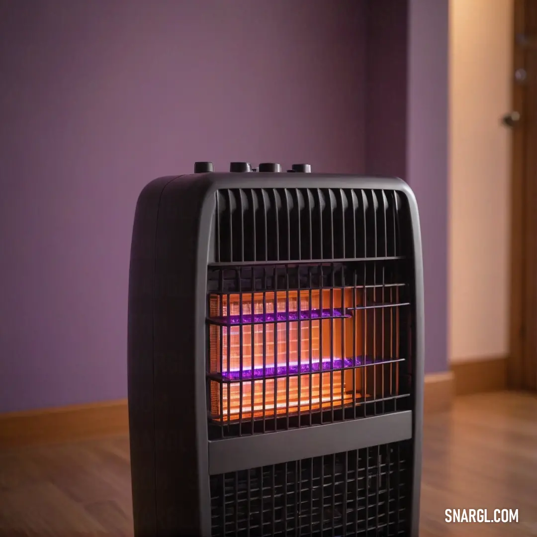 A sleek black heater radiates warmth on a polished wooden floor, set against a striking purple wall, providing a beautiful contrast. It embodies the bold RGB color combination of 221, 83, 84, adding depth to the room.