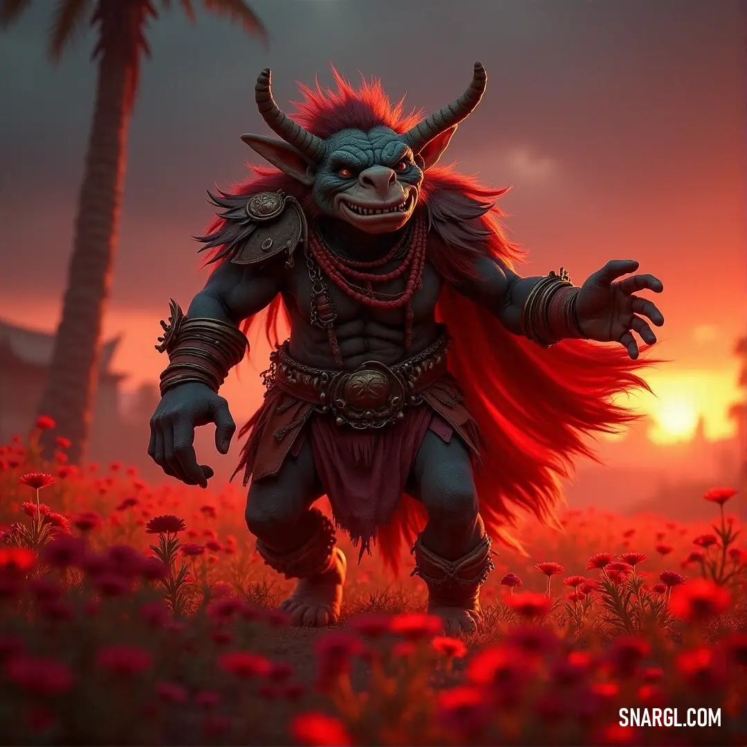 Amidst a stunning field of flowers at sunset, a demon donning horns and a crimson cape strides valiantly, juxtaposing beauty and darkness. The vibrant colors of the sunset wash over the scene, highlighting the enchanting yet ominous atmosphere of his jour