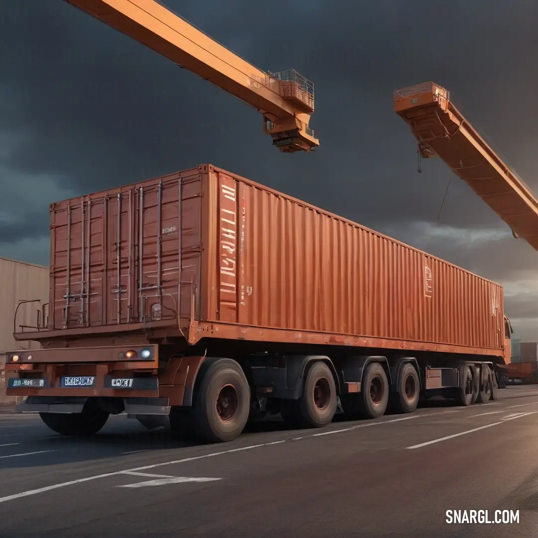 A robust truck equipped with a crane parked in a lot beneath a cloudy sky. The vehicle proudly displays its vibrant PANTONE Red 032 color, emphasizing strength and utility in a bustling urban environment.