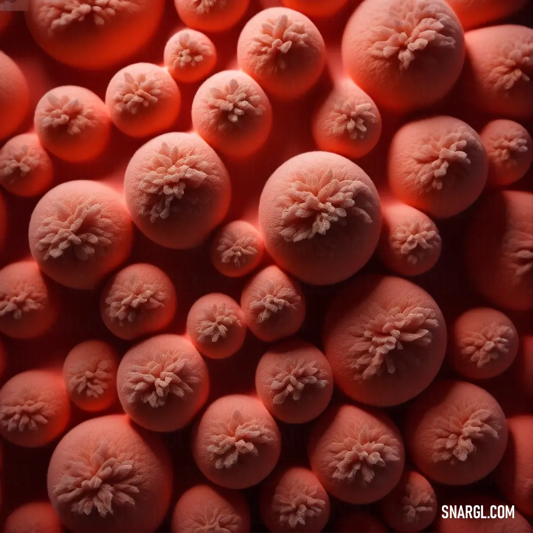 A close-up view of vividly pink food balls scattered against a pristine white backdrop, highlighting the delightful details and textures that typify a cheerful culinary experience in PANTONE Red 032.