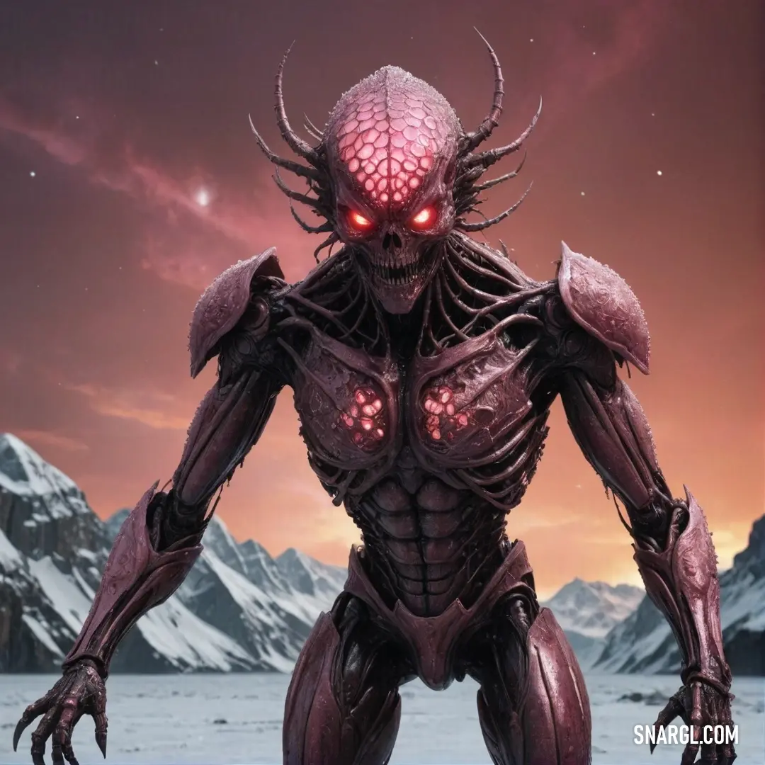 A fearsome demonic alien roams through a snowy landscape, the icy mountains rising majestically behind it, creating an atmosphere of intrigue and danger combined with a splash of crimson.