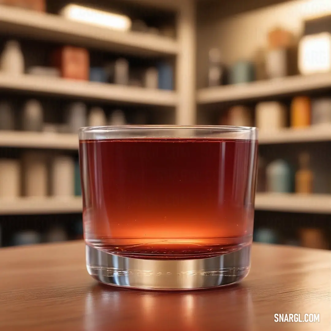 A refreshing glass of steaming tea sits elegantly on a rustic wooden table, surrounded by an inviting library filled with a myriad of colorful books and intricate shelves. The warm hue of the tea complements the cozy ambiance of the room, inviting you to 