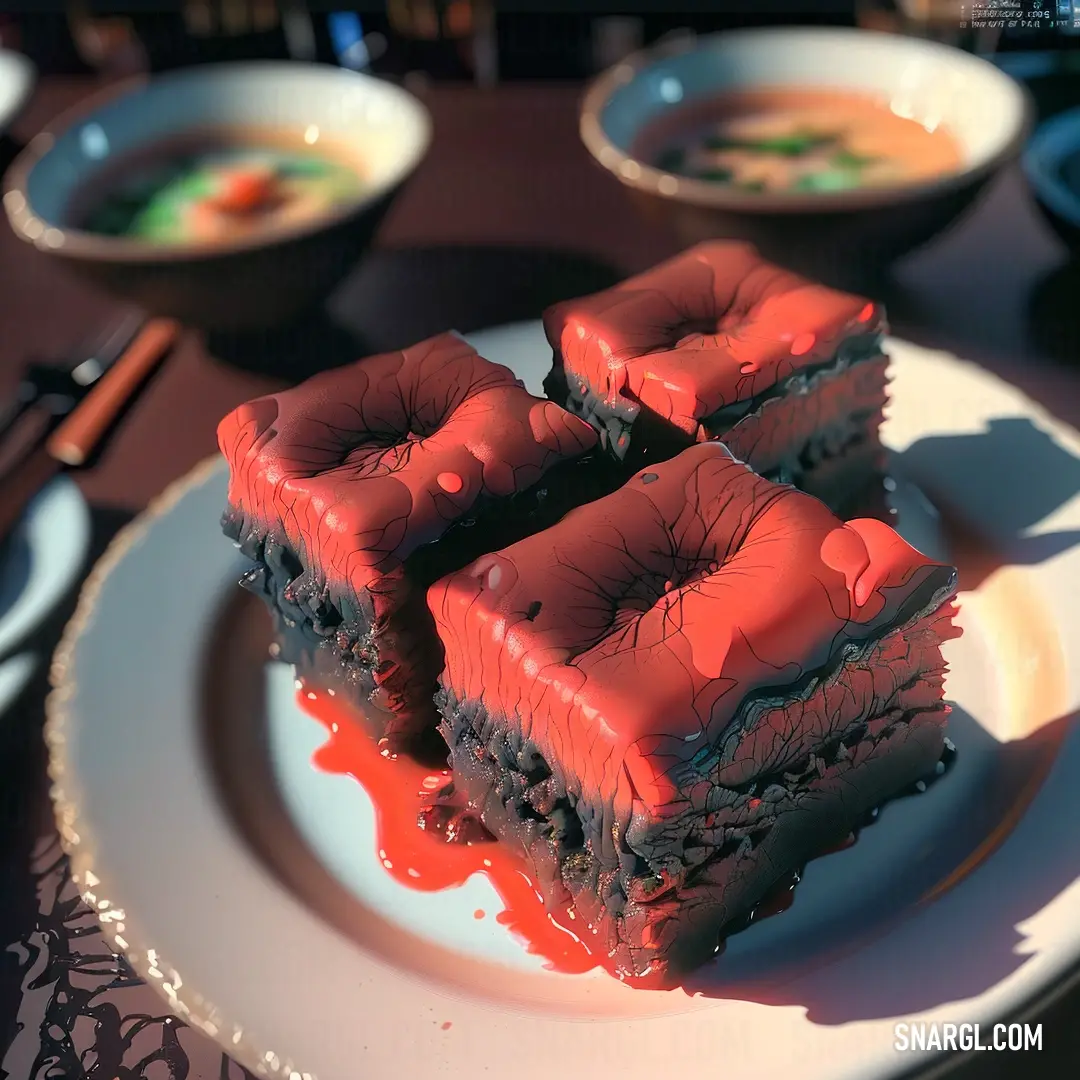 Plate with some cake on it and a bowl of soup in the background. Color CMYK 0,86,63,0.