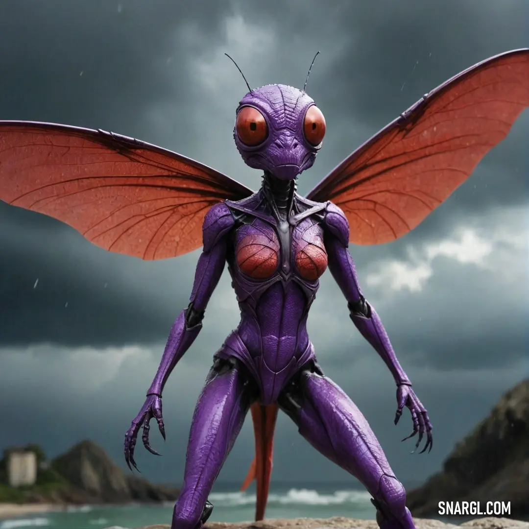 A dazzling purple alien with magnificent wings perches on a rock by the ocean, its majestic silhouette framed against a deep, darkened sky as storm clouds roll in.