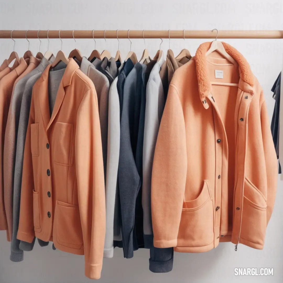 A neatly arranged rack of coats hangs gracefully on a rail in a spacious closet, surrounded by various clothing items and a charming coat rack, showcasing a warm blend of colors that invite exploration and style.