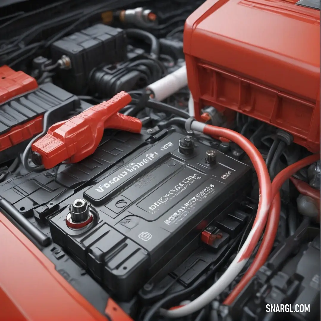 A striking red car showcases its sleek design with a battery and charger placed prominently on its hood, surrounded by a vibrant atmosphere. The bold colors signify energy and innovation, embodying the spirit of modern technology.