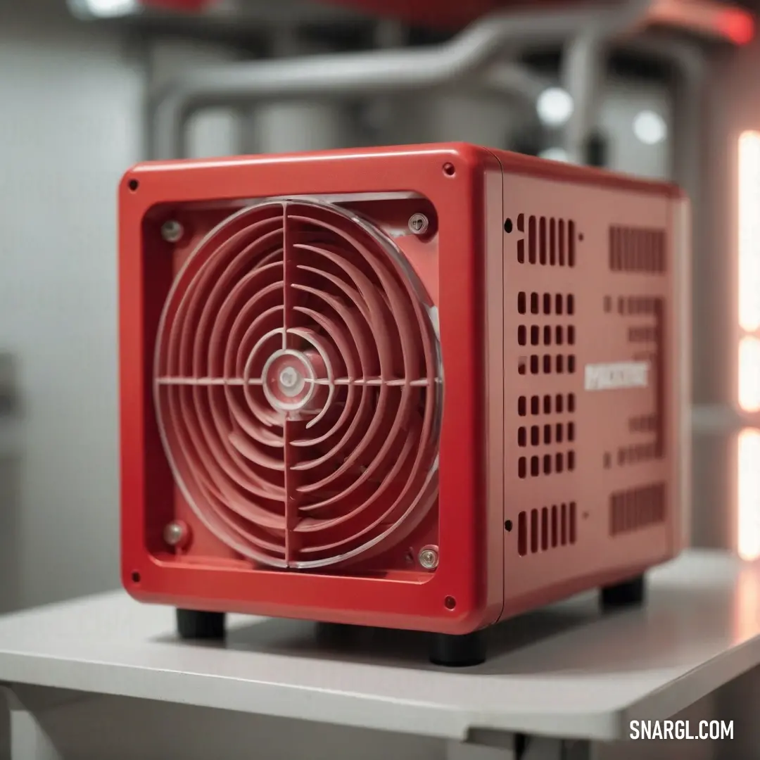 A bold red computer case perched atop a sleek table, with a modern light fixture illuminating the space, will surely captivate any technology enthusiast while surrounded by a bright window view.