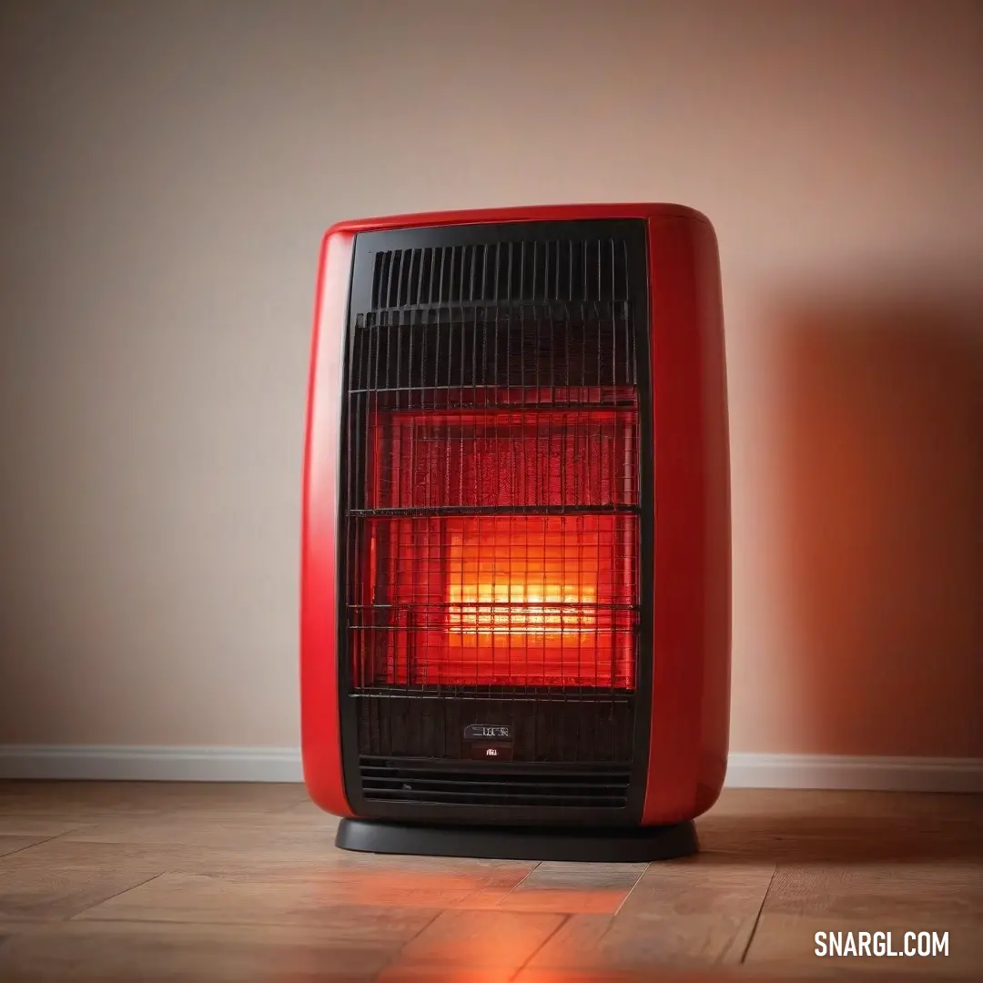 A radiant red heater positioned gracefully on a wooden floor next to a wall, igniting the space with color PANTONE Red 032. Its presence adds warmth and energy, creating a welcoming ambiance throughout the room.