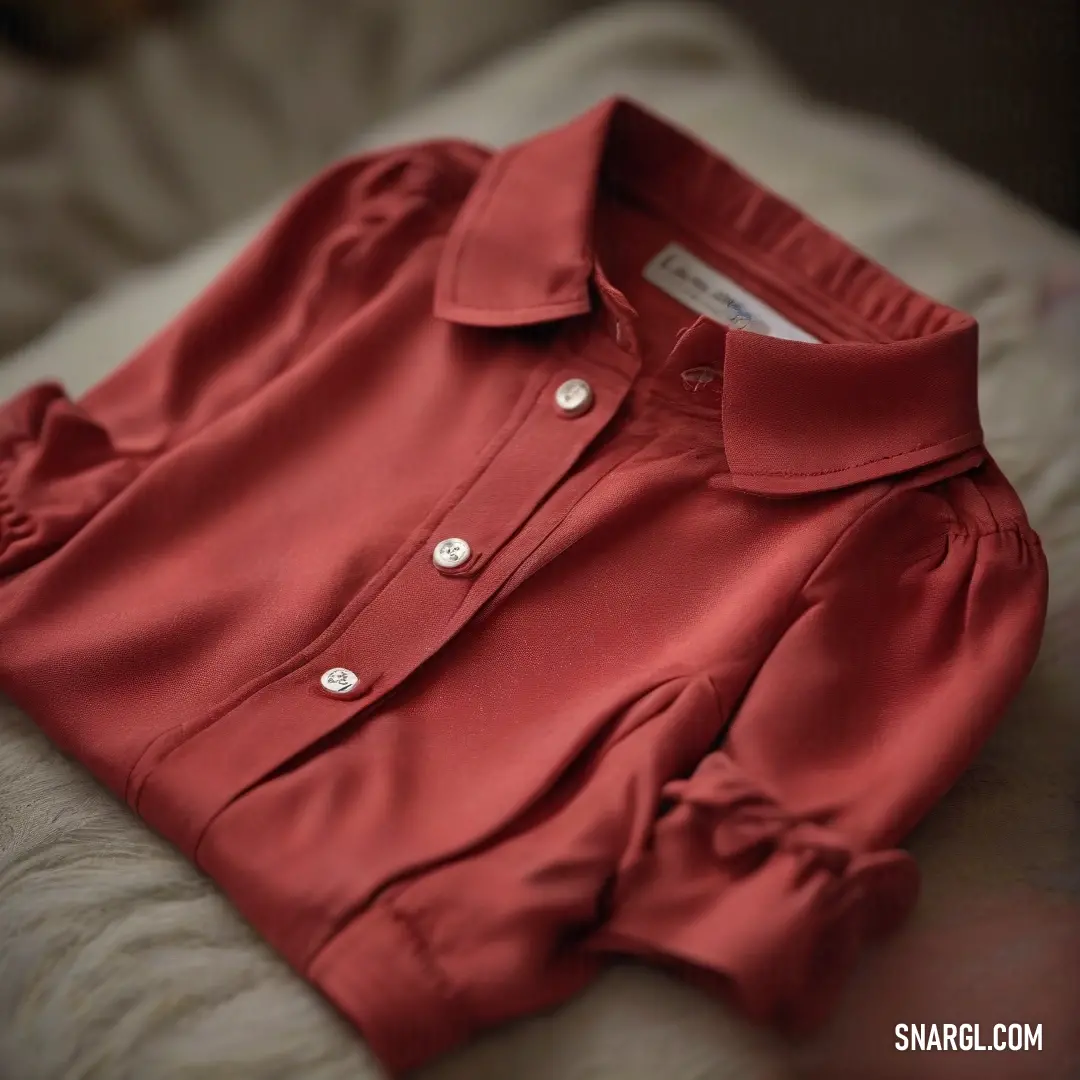 A classic red shirt with a button-down collar lies elegantly on a soft white blanket, complemented by a fluffy pillow. The vibrant color and casual style evoke a sense of comfort and relaxed moments at home.