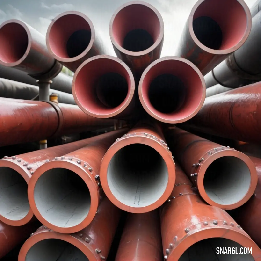 A dynamic image of a pile of pipes stacked on top of each other, with a backdrop of a cloudy sky. The pipes showcase a bold PANTONE Red 032 color, adding a unique industrial aesthetic to the landscape.