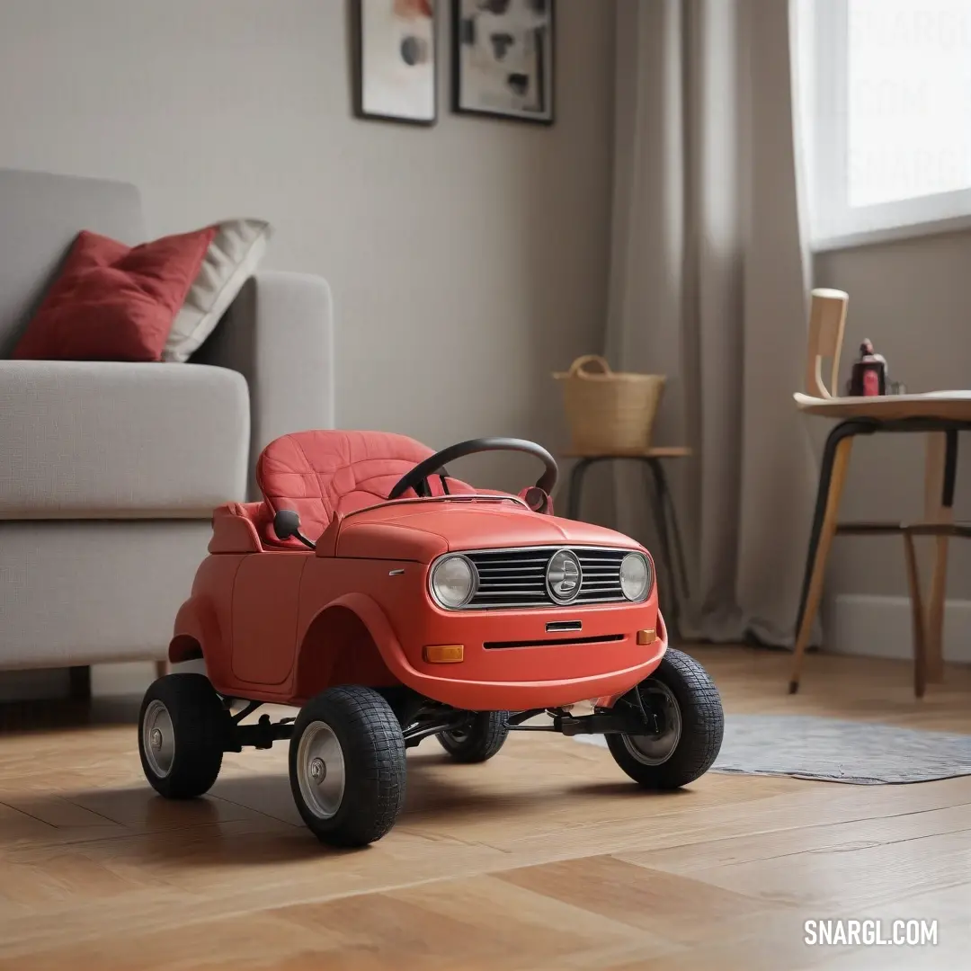 A cheerful toy car plays on a plush living room floor, surrounded by a welcoming couch and a table filled with everyday life. This delightful scene radiates childhood joy and the simple pleasures of playtime.