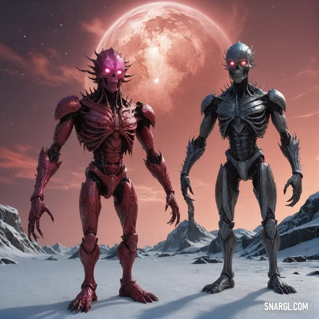 Two enigmatic alien creatures frolic in a snowy landscape, illuminated by the full moon, creating an eerie yet beautiful scene that captivates viewers with its mystique.