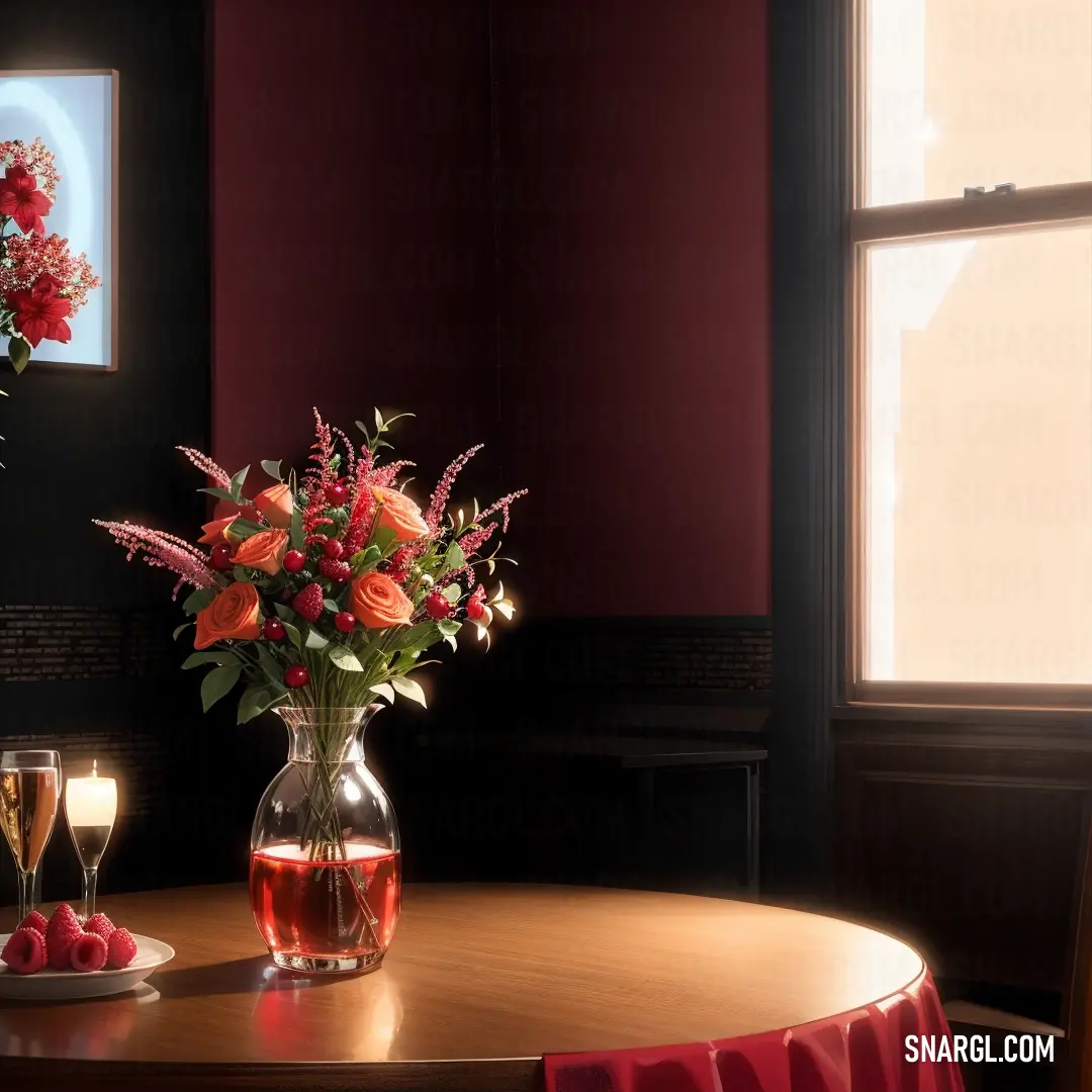 A vase of bright flowers sits on a table, accompanied by two glasses of wine, with the color PANTONE Red 032 prominently featured. The combination of rich colors and delicate objects creates a warm, inviting atmosphere for a cozy gathering.