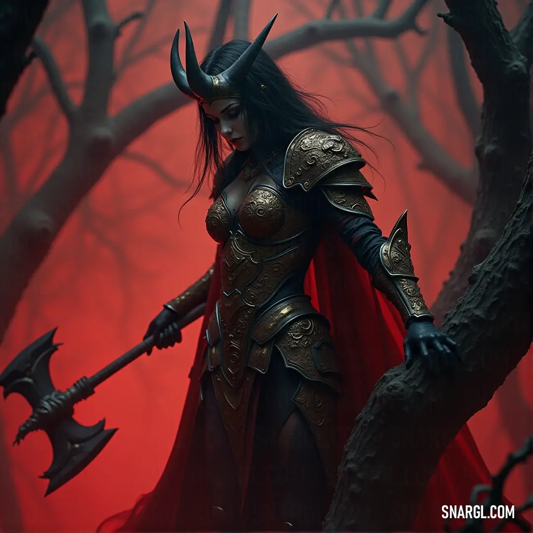 In a glowing forest illuminated by red light, a valiant woman clutches a sword and a mystical sceptre. Her determined gaze and fierce stance embody the essence of a warrior, navigating through shadows while facing the unknown with bravery and strength.