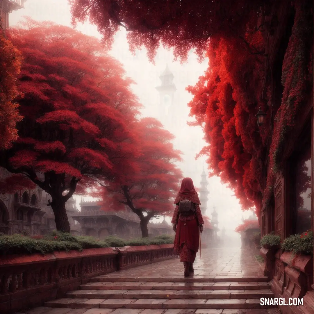 A woman walks down a peaceful street, with vibrant red trees framing her path and a grand clock tower in the background. The rich color #DD5354 adds warmth to the scene, enhancing the feeling of autumn and nostalgia.