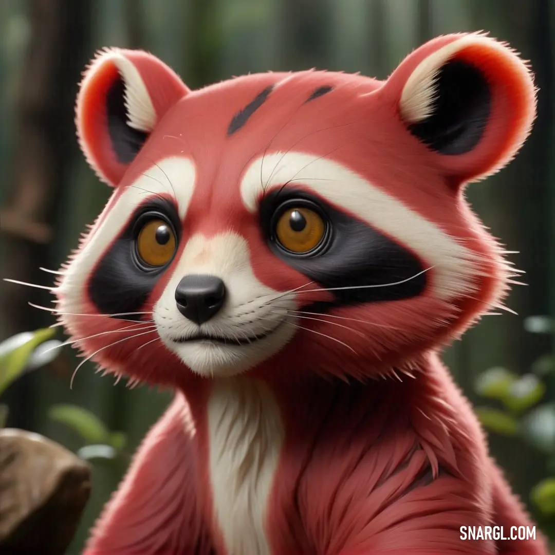 An enchanting red and white raccoon peeks through a lush forest, its striking black face and bright yellow eyes capturing the wonder of wildlife. Surrounded by greenery, it embodies the tranquility of nature intertwined with its unique colors.