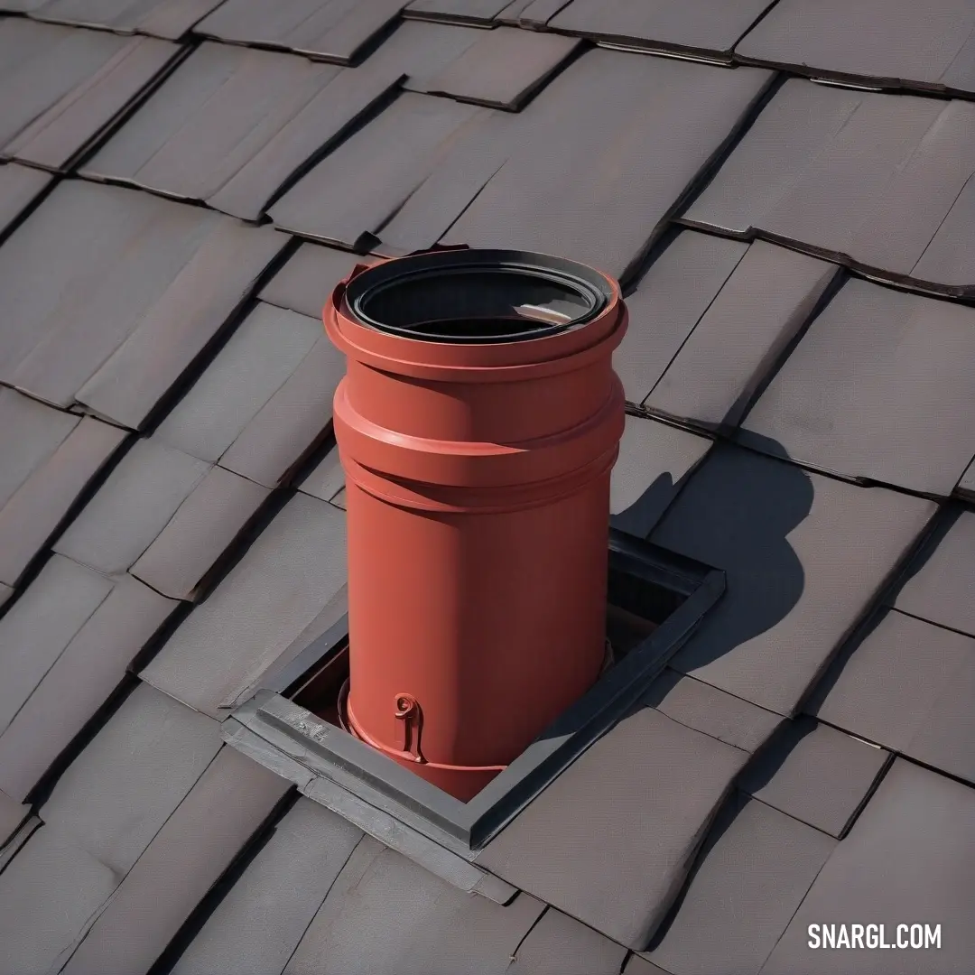 A striking red chimney atop a roof, complemented by a skylight, set against a clear blue sky. The chimney exhibits the captivating CMYK 0,86,63,0 color, creating a vivid architectural feature.