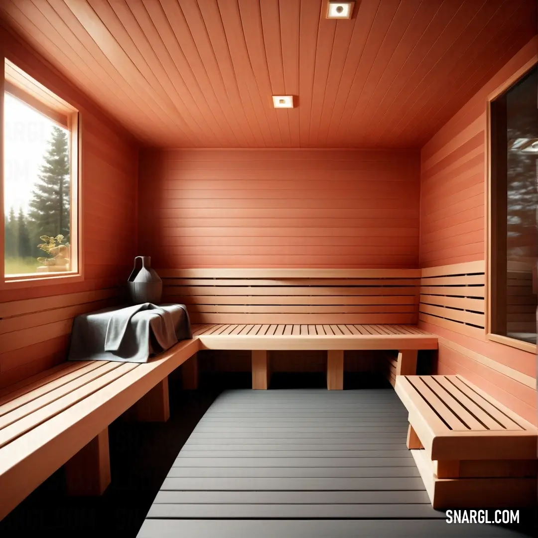 An inviting room showcases a wooden bench and table beside a window, adorned with a cozy blanket. This charming space, tinted with elements representing PANTONE Red 032, exudes warmth and comfort, creating a perfect nook for relaxation or gathering.