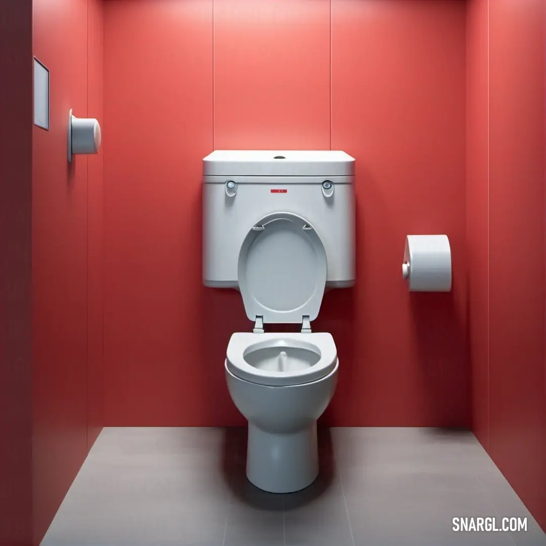 An inviting red bathroom scene showcases a toilet adorned with a sleek toilet paper dispenser mounted on the wall. The warmth of the PANTONE Red 032 color, combined with a roll of toilet paper on the floor, creates a welcoming and delightful atmosphere fo