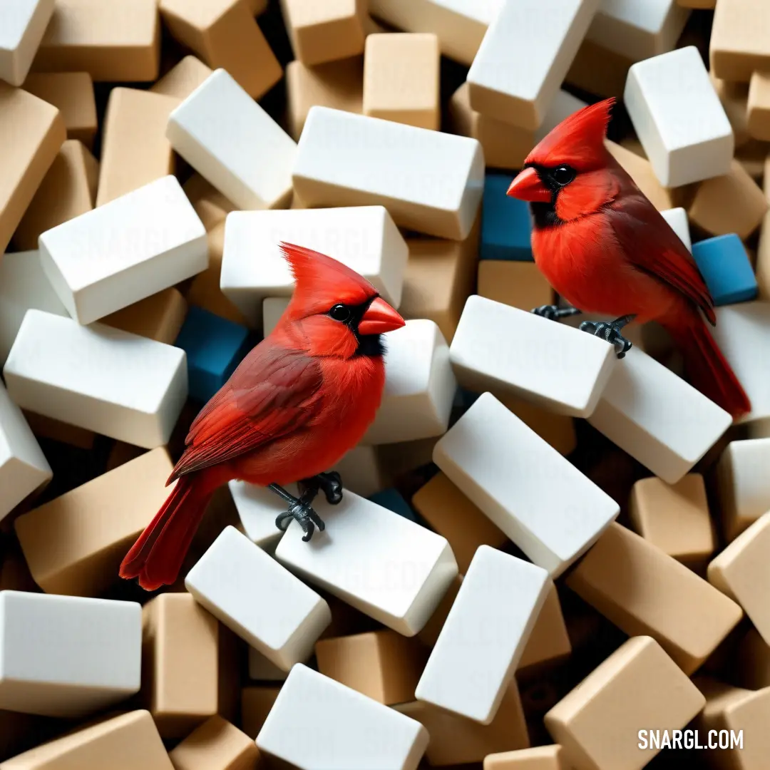 Two playful red birds perched on cardboard blocks, surrounded by a soft white backdrop. Their bright plumage embodies the vivid PANTONE Red 032, captivating viewers with a moment of nature's beauty.