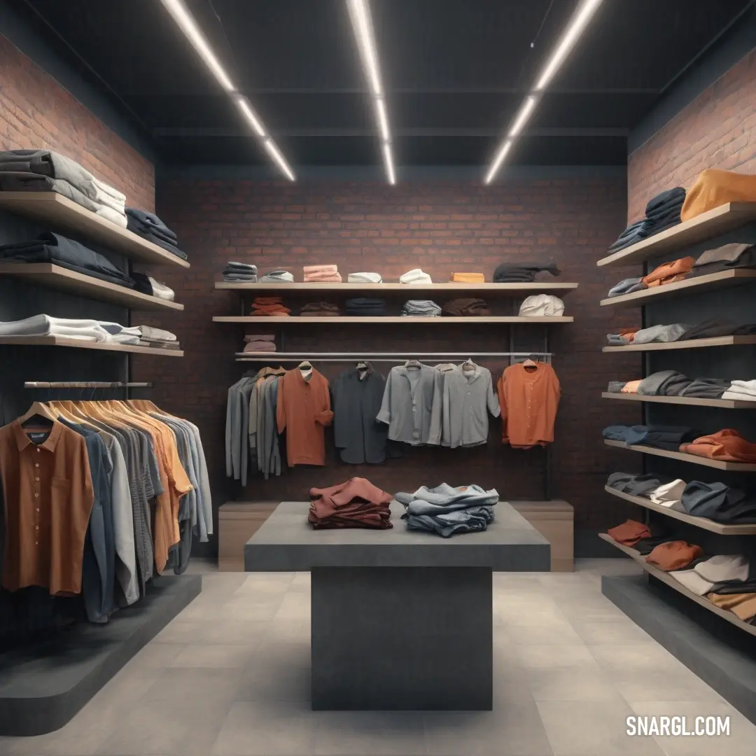 An inviting walk-in closet features a spacious bench and neatly organized shelves brimming with clothes, accompanied by a textured brick wall that adds a rustic charm, making it a stylish storage solution.