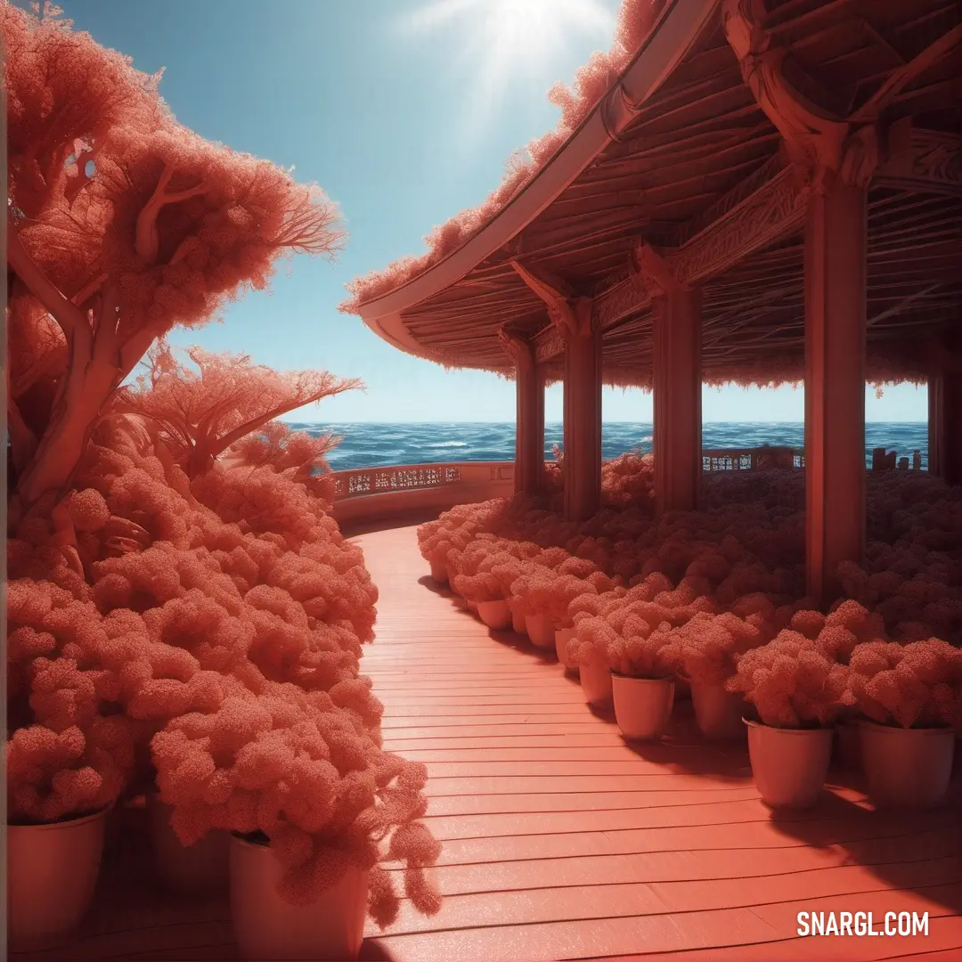 Walkway with potted plants and a building in the background. Example of RGB 221,83,84 color.