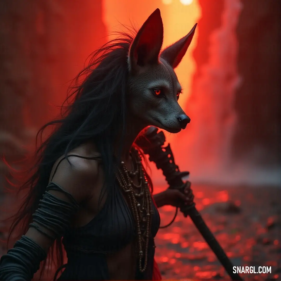 A fierce warrior with a wolf mask stands tall, her sword raised in defiance. The bold colors of her attire contrast beautifully against the backdrop, and her gaze is fierce, emanating the spirit of strength and wild resilience found within the heart of a 