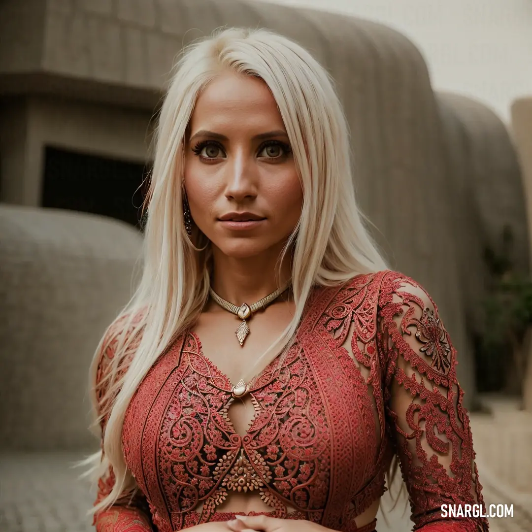 A stylish woman with flowing blonde hair radiates elegance in her eye-catching red dress adorned with a delicate cross necklace. The soft hues surrounding her create a striking contrast that highlights her vibrant presence and charm.