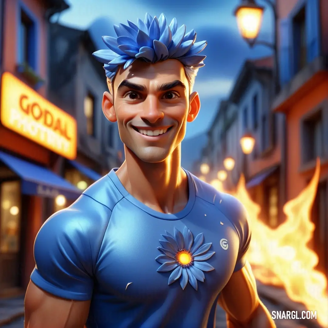 Man with a blue shirt and a flower on his head is smiling in front of a fire place. Color RGB 38,63,140.