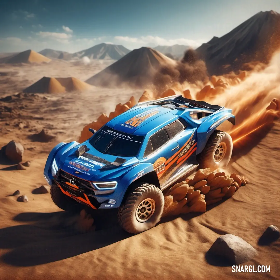 Blue truck driving through a desert filled with rocks and dirt on a sunny day with mountains in the background