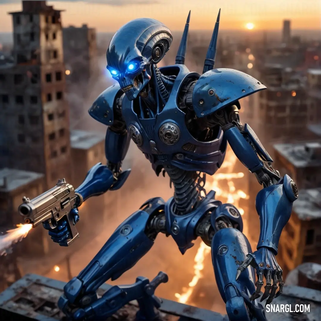Robot with a gun in his hand on a rooftop in a city at night with a lot of lights. Color PANTONE Reflex Blue.
