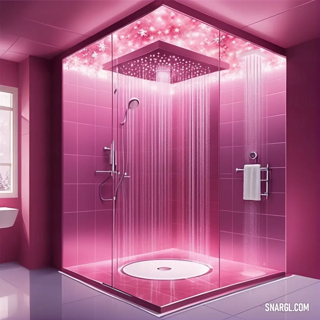 A cozy bathroom featuring a striking pink shower and modern white fixtures, including a sleek sink and toilet. A whimsical starlight-patterned window adds a magical touch, infusing the space with a warm, inviting ambiance.