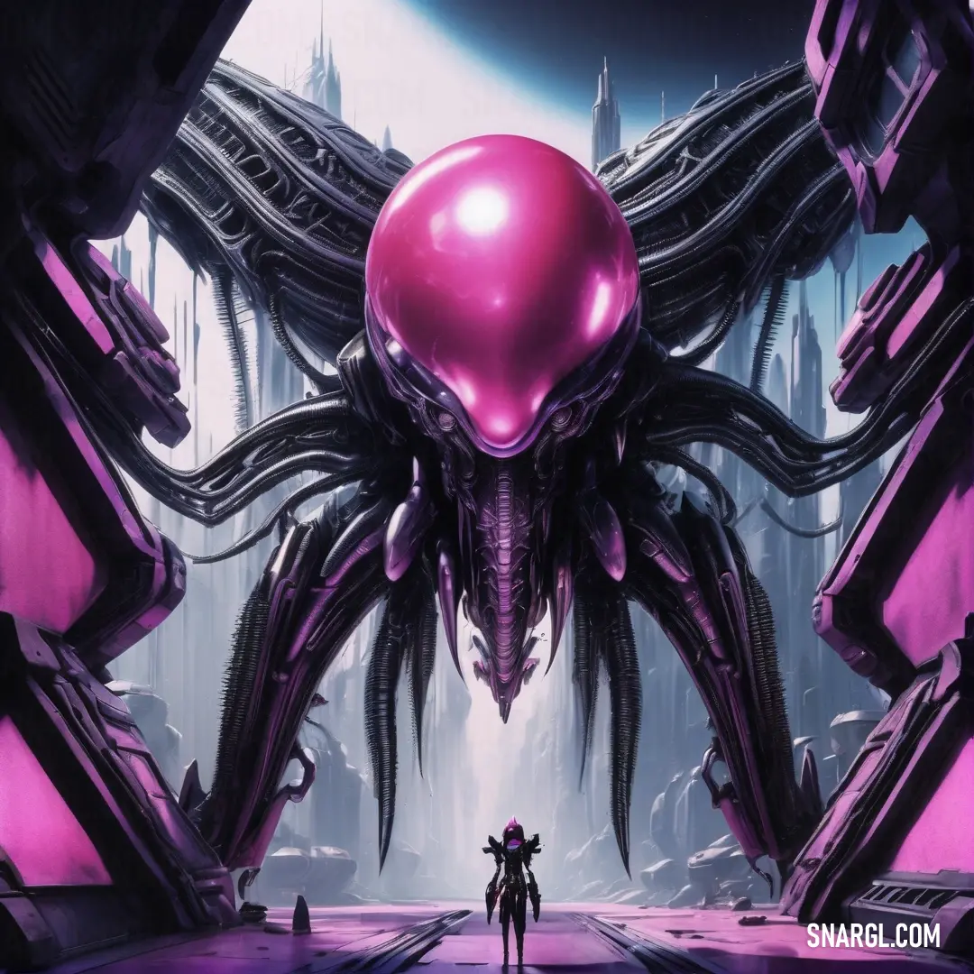 PANTONE Rhodamine Red color example: Couple of people standing in front of a giant alien creature in a futuristic city with a giant pink ball
