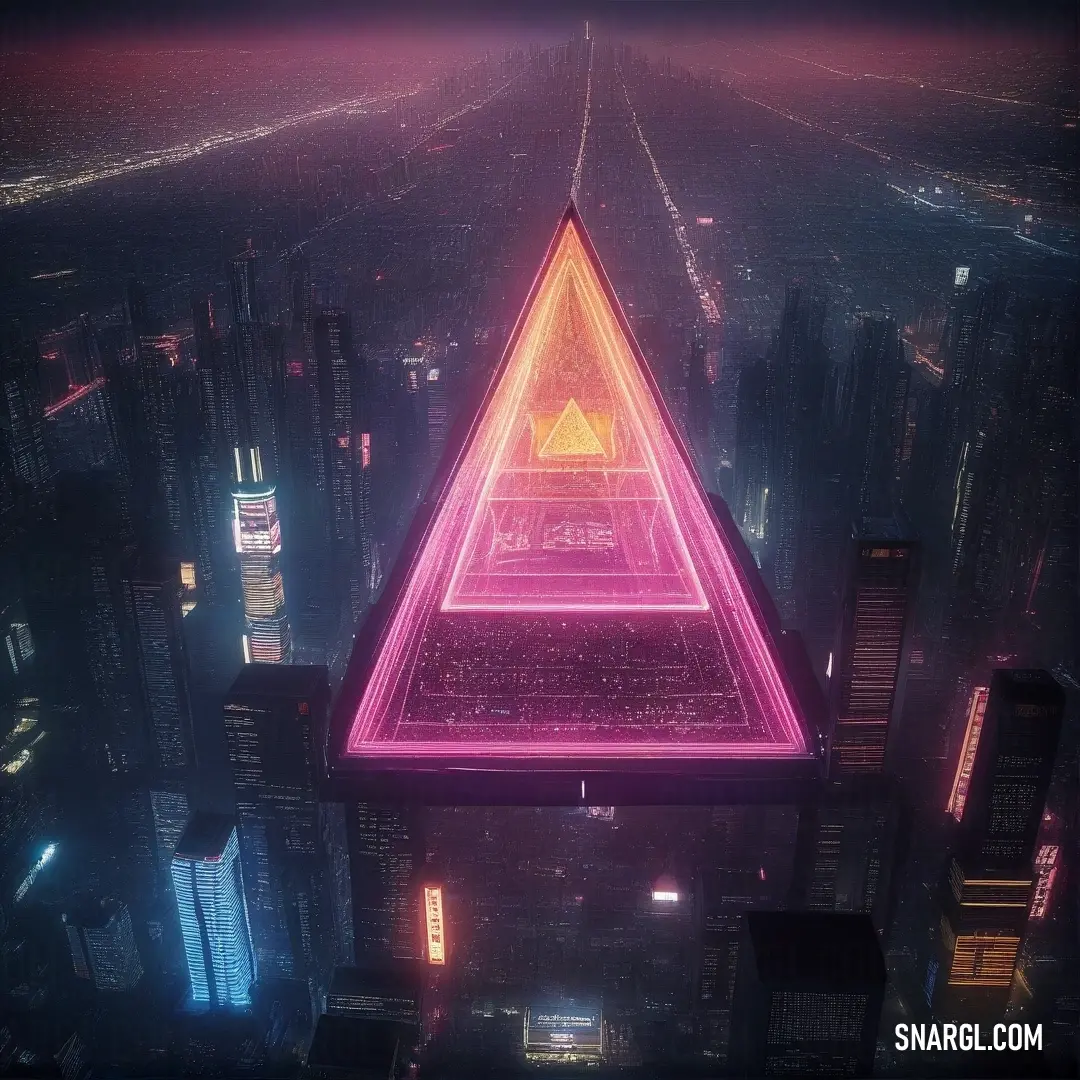 A vibrant futuristic cityscape featuring sleek skyscrapers and a floating pink triangle that serves as a stunning centerpiece, with a soft glow emanating from the structure, surrounded by lush greenery and a bright blue sky.