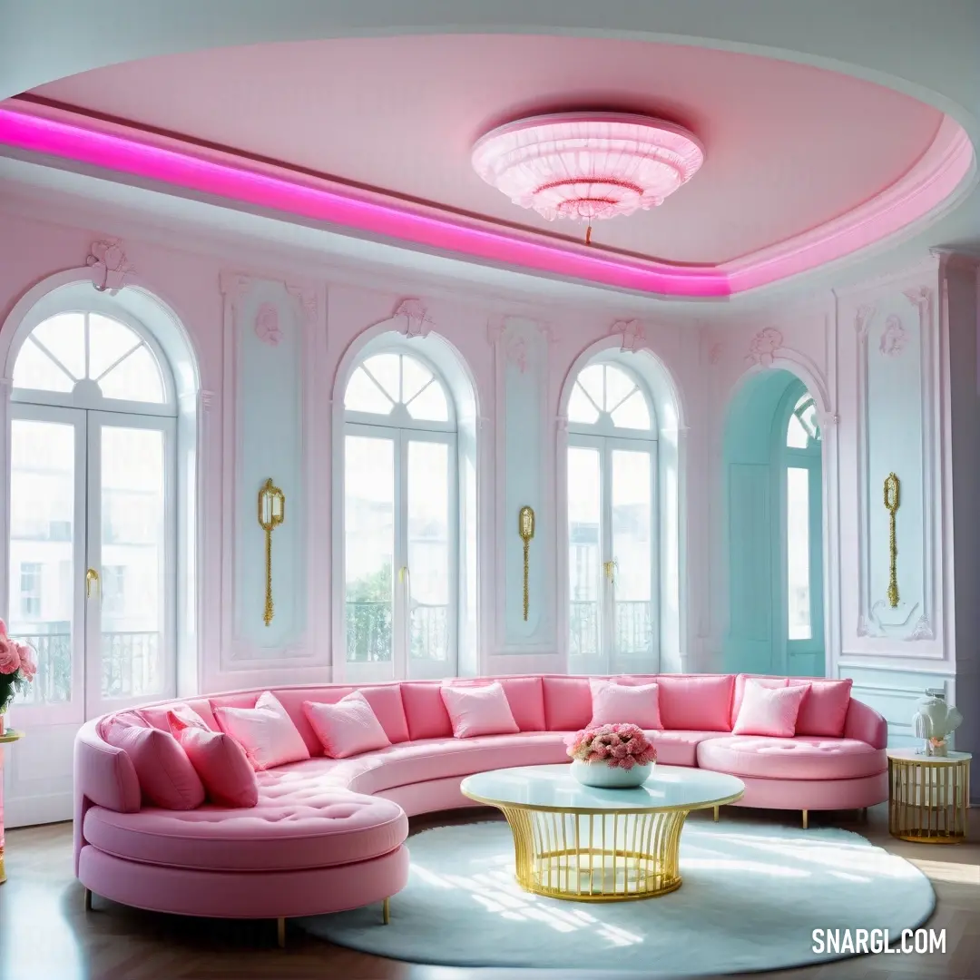 A stylish living room boasting a plush pink couch, paired with a round coffee table underneath a stunning chandelier that enhances the room's charm and creates an inviting gathering space.