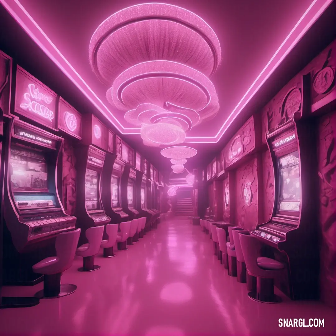 Long hallway with a bunch of machines in it and a pink light on the ceiling above it that is lit up. Color PANTONE Rhodamine Red.