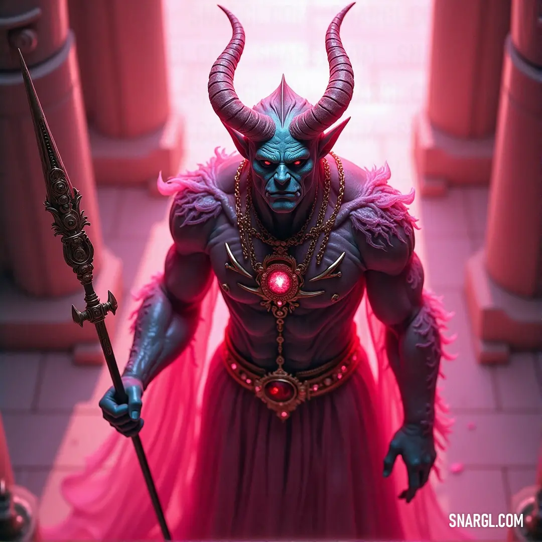 Amidst a dramatic setting, a man in a striking red dress brandishes a sword and holds a glowing red orb, exuding confidence and power while a detailed demon mask adds an element of mystique.