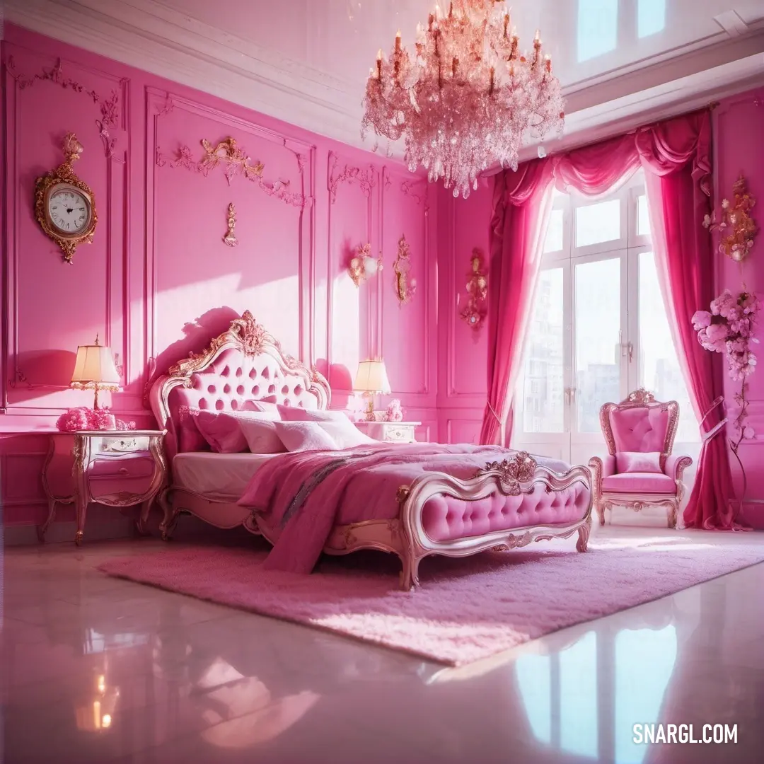 A dreamy pink bedroom featuring an elegant chandelier hanging above a plush bed, complemented by a soft pink rug that adds warmth and charm to the inviting décor.