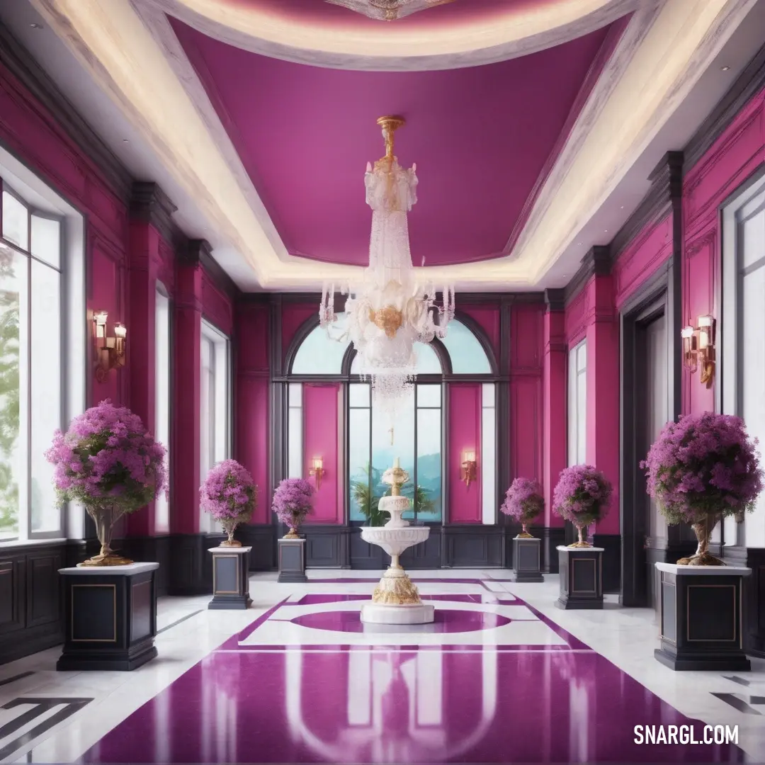 A luxurious room featuring an exquisite chandelier hanging from the ceiling, casting a soft glow over a plush large purple carpet spread across the floor, creating an intimate atmosphere that exudes sophistication and warmth.