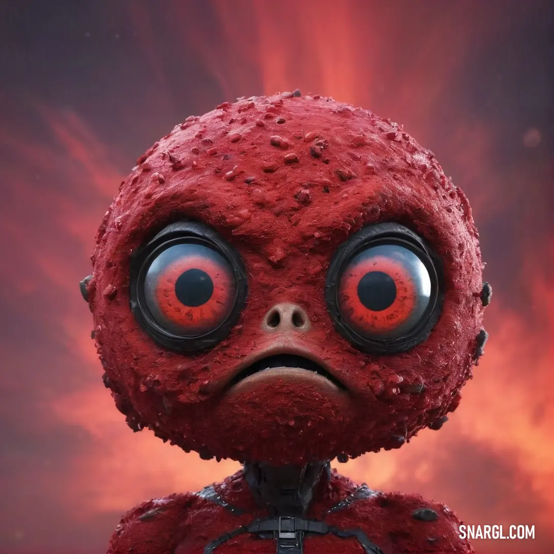 An unusual red creature, its large eyes filled with curiosity, showcases a peculiar expression that leaves viewers intrigued, adorned in vibrant Rhodamine red hues, designed to captivate and provoke thought against an undefined enchanting space.