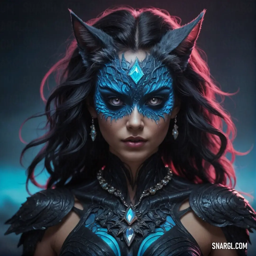 A mysterious woman adorned with striking blue makeup and embellished with horns, her captivating expression invites intrigue, standing against a backdrop that enhances her unique aesthetic and boldness, blending fantasy and reality.