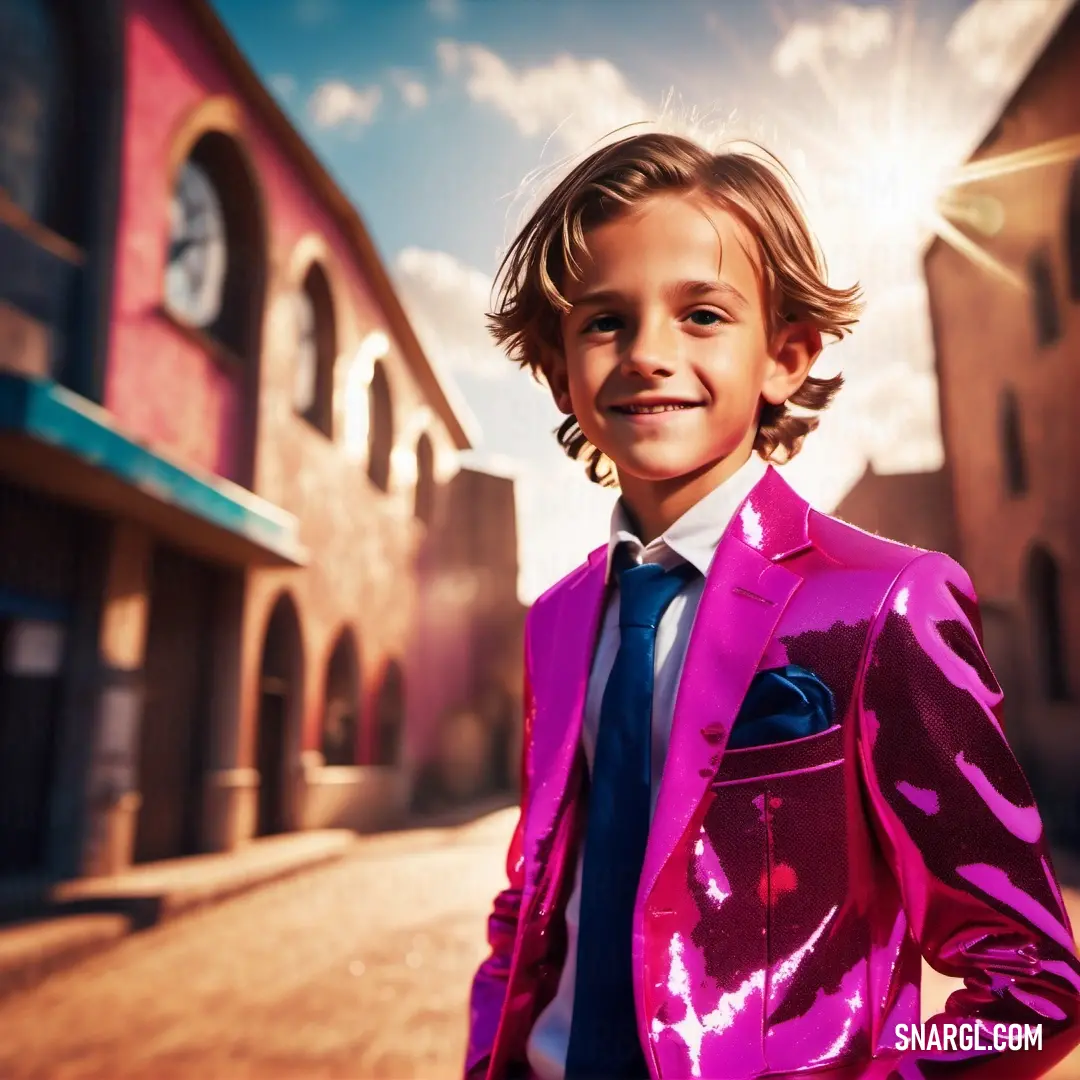 PANTONE Rhodamine Red color. Young boy in a pink suit and tie standing in front of a building with a clock on it