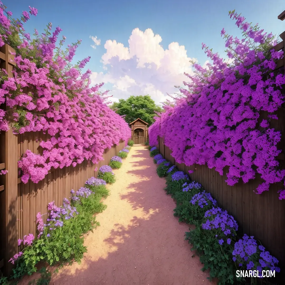 A serene pathway lined with lush purple flowers along its edges, inviting you on a gentle journey through a vibrant landscape, illuminated by the bold PANTONE Rhodamine Red color.