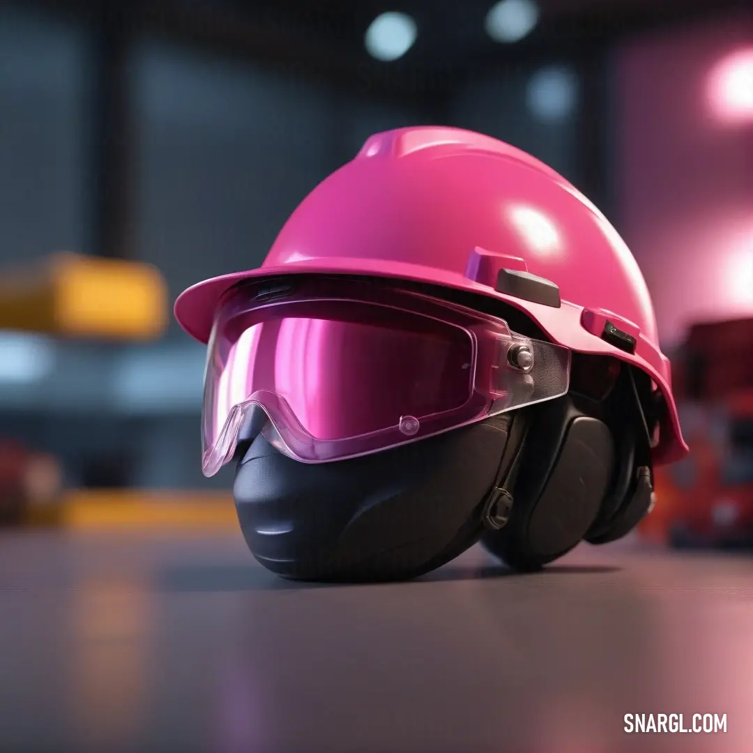 A pink helmet and goggles are carefully placed on a table within a well-organized room brimming with various equipment in the background, creating a vibrant yet functional space.