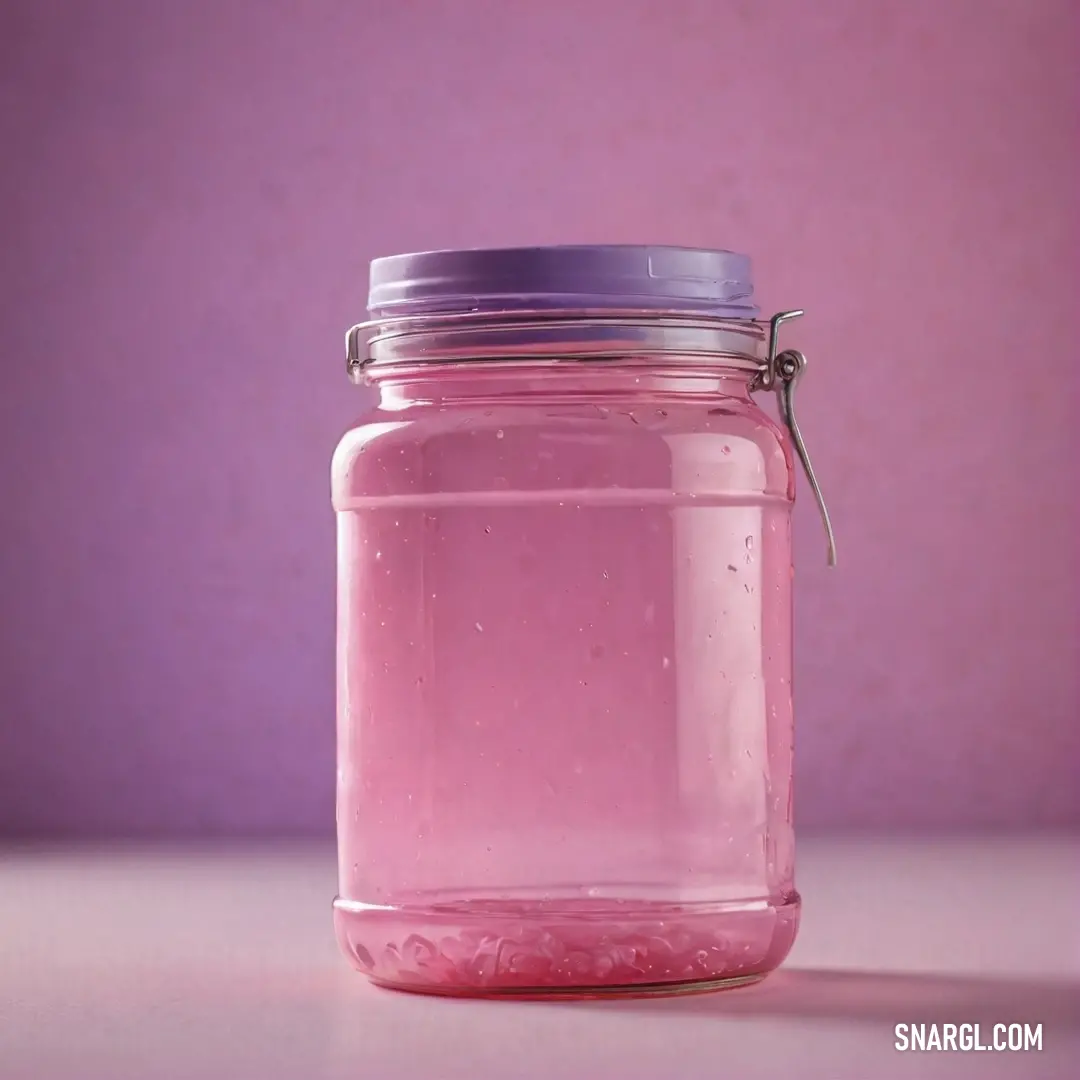 A beautifully styled pink jar adorned with a vibrant purple lid, resting elegantly on a rustic wooden table. Its color radiates energy and joy, highlighted through the RGB value of 203,72,145.