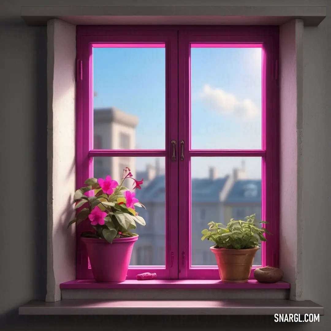 A window adorned with a lush potted plant on the sill, framed by another on the ledge. A cityscape looms in the background, encapsulating a vibrant minute of urban life coupled with a hint of nature, showcasing CMYK 9,87,0,0 hues.