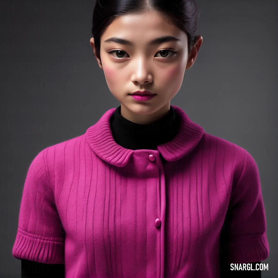 Woman in a pink sweater and black shirt with a black collar. Color PANTONE Rhodamine Red.