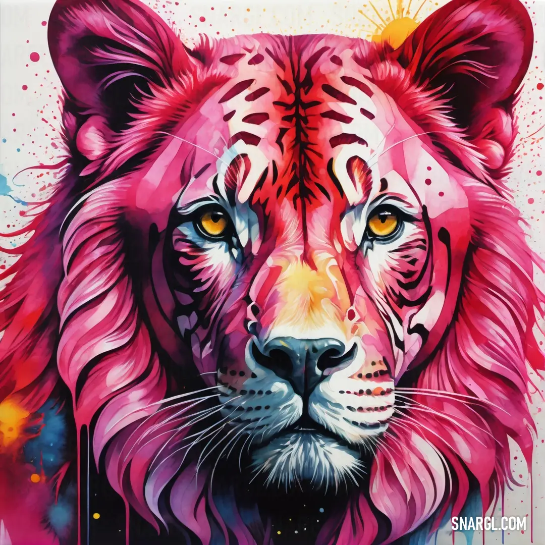 Painting of a tiger with a pink background. Example of PANTONE Rubine Red color.