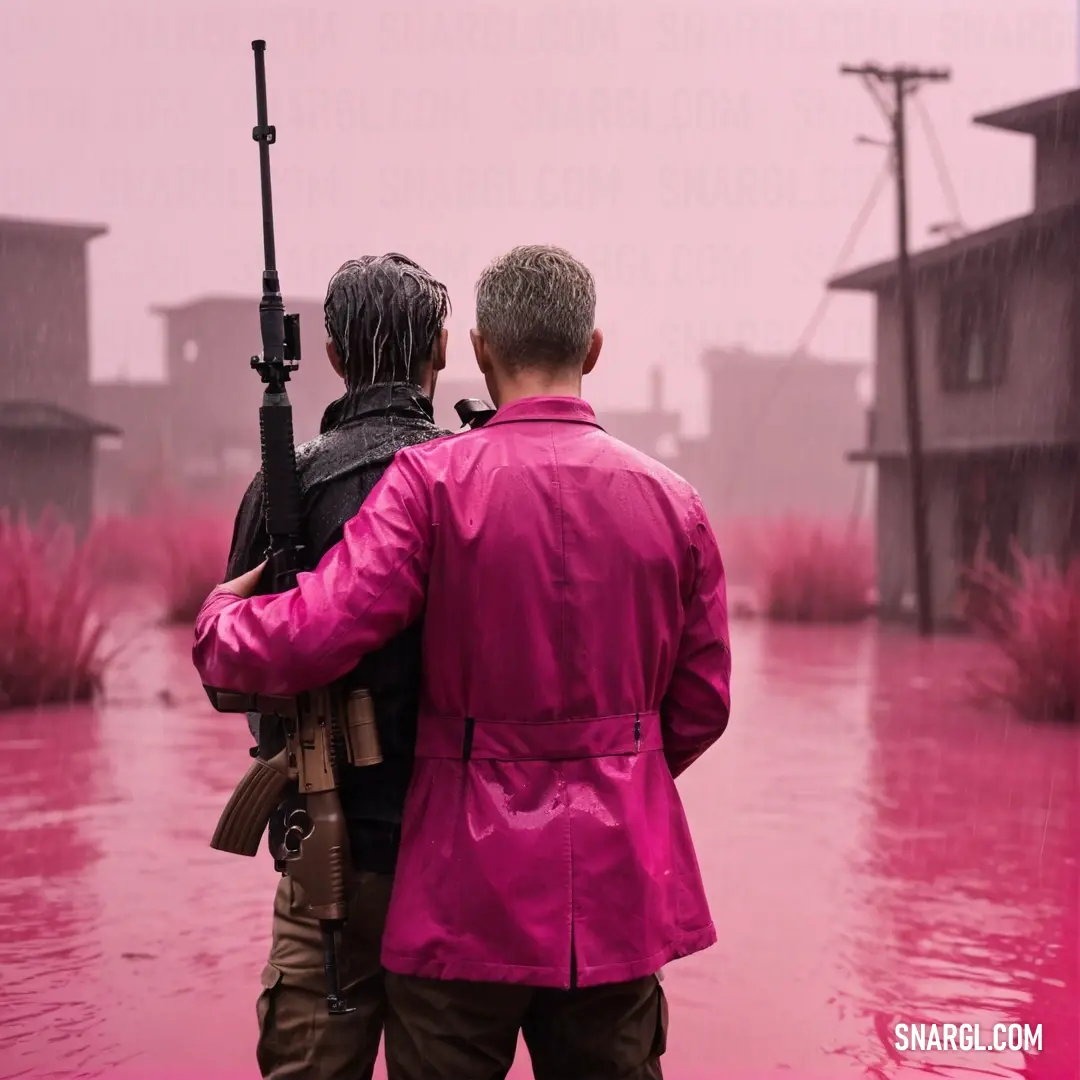Two people standing in a flooded area with a gun in their hand and a pink background. Color #D12368.